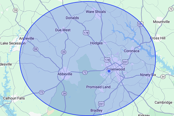 Service area map showing Abbeville and surrounding areas